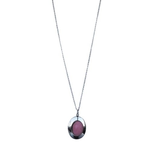 Colar Coimbra - relicário no banho diamante e Quartzo Rosa